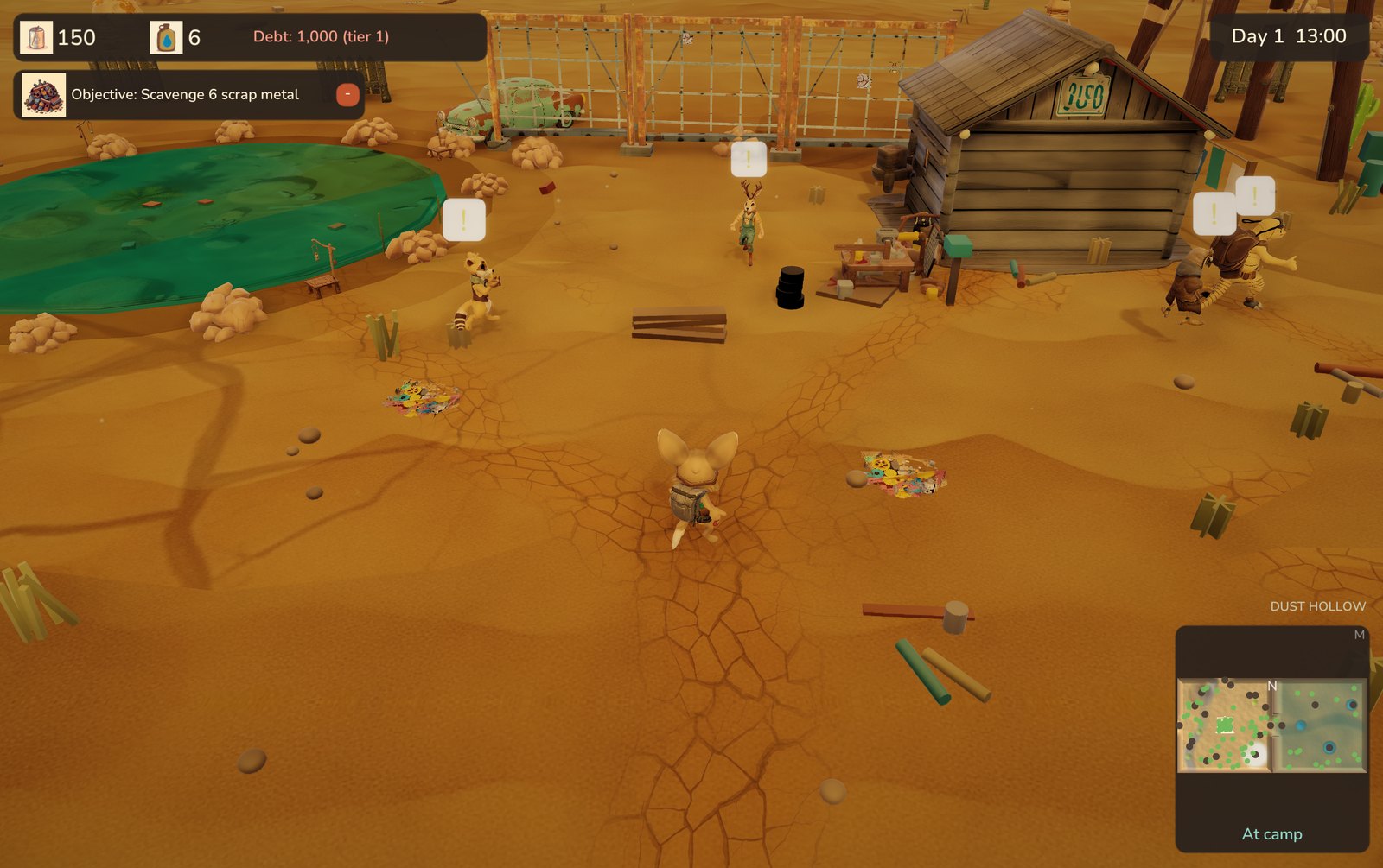 A dust storm over the camp: the light goes flat and orange, visibility closes in, and the villagers head for the lee of the shack.