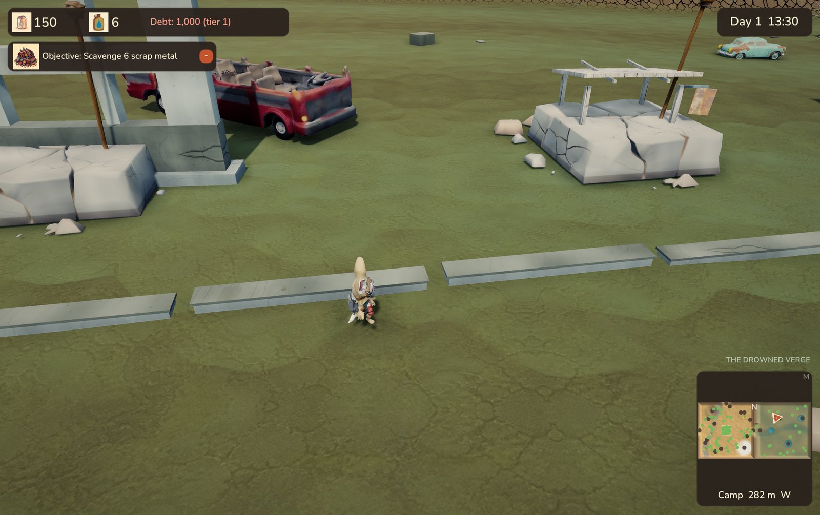 The Drowned Exchange: concrete ruins and a bus wreck standing in shallow green water.