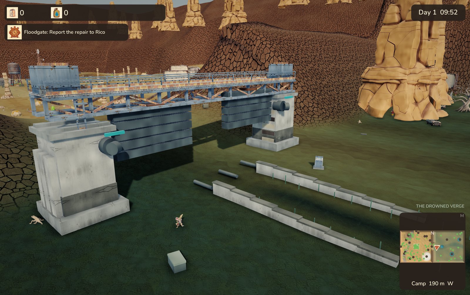 The restored floodgate, water running through the channel, machinery turning.