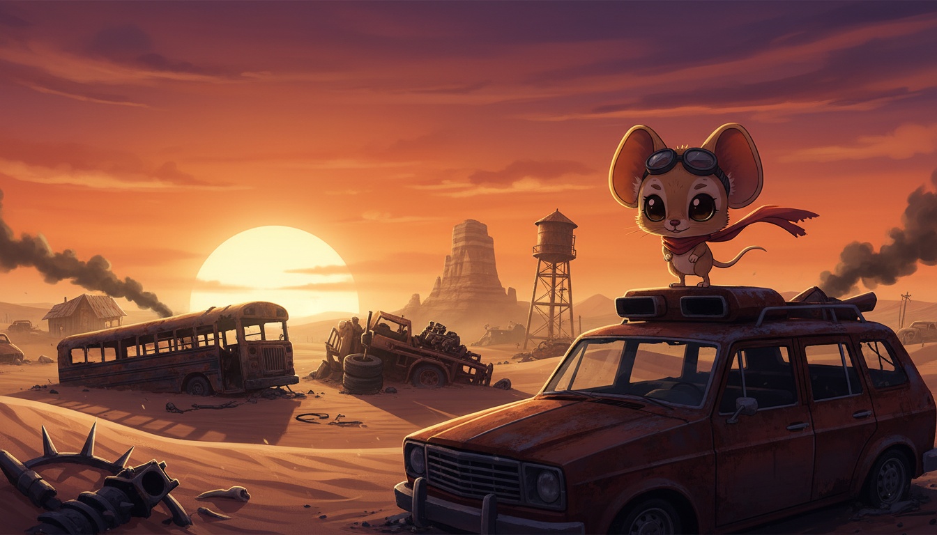 A small jerboa in goggles and a red scarf stands on a burned-out car, watching the sun go down over a desert of wrecks.